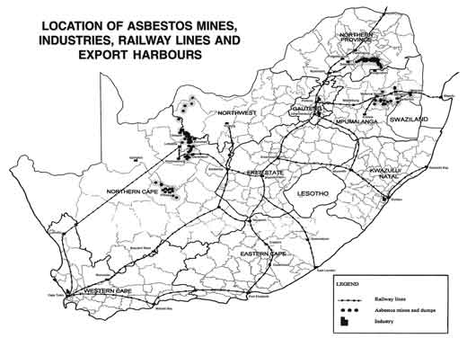 Map showing locations of asbestos industries, mines etc, South Africa