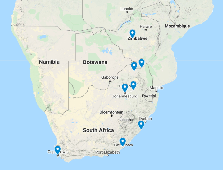 Map of southern Africa showing the home locations of HATTP fellows