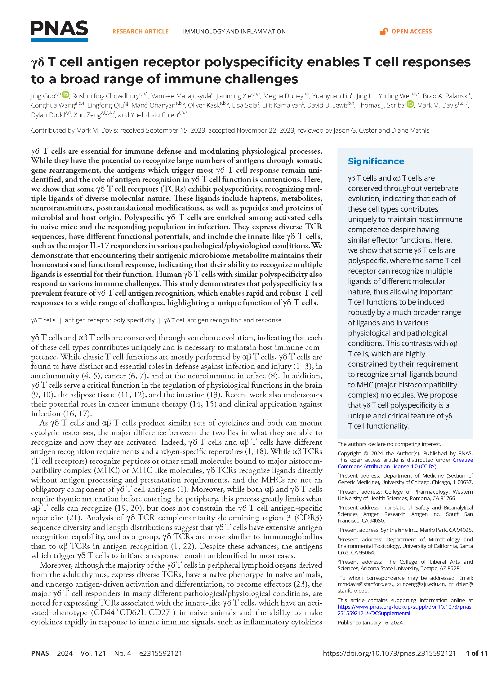 γδ T cell antigen receptor polyspecificity enables T cell responses to a broad range of immune challenges