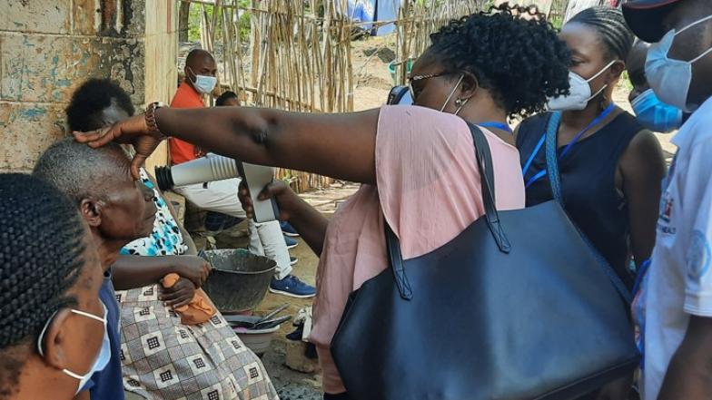 A study participant being examined with an ophthalmoscope
