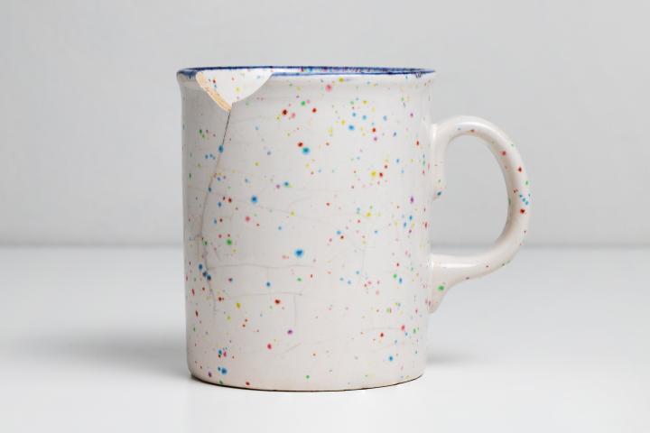 Broken mug on a white table
