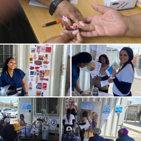 A collage of images taken at a World Diabetes Day event. Top, a person receiving a finger-prick glucose test; middle, smiling clinic staff; bottom: a small crowd gathered for education and testing
