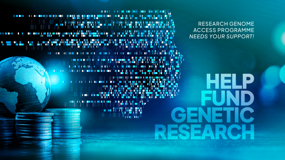 graphic image of an earth globe, coins, a human face made up of genetic code and on image text that reads Help Fund Genetic Research