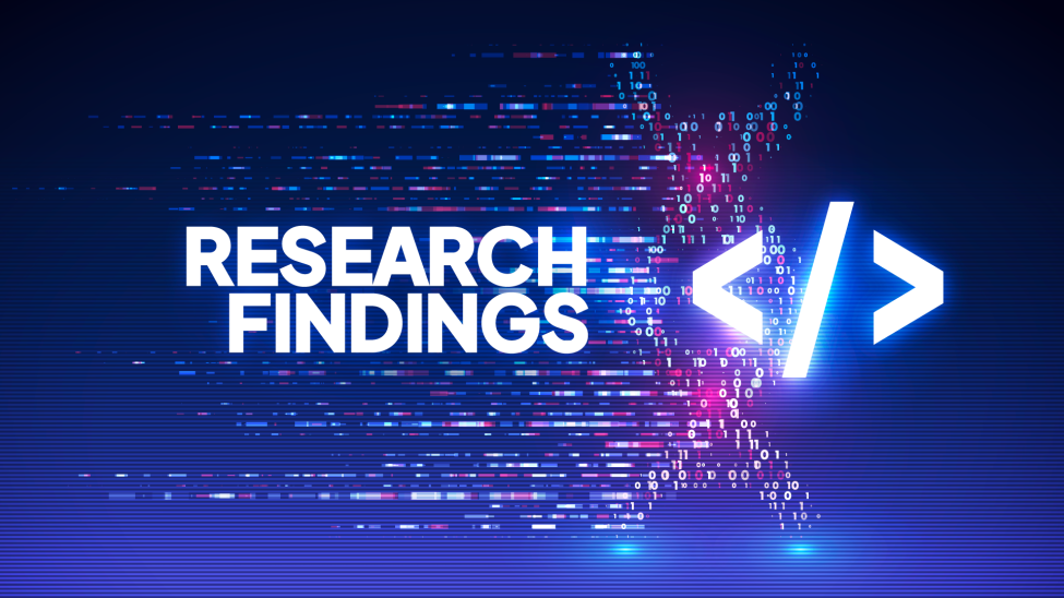 graphic image with the text Research Findings, neon code snippets, and a triangle bracket left, forward slash, triangle bracket right.